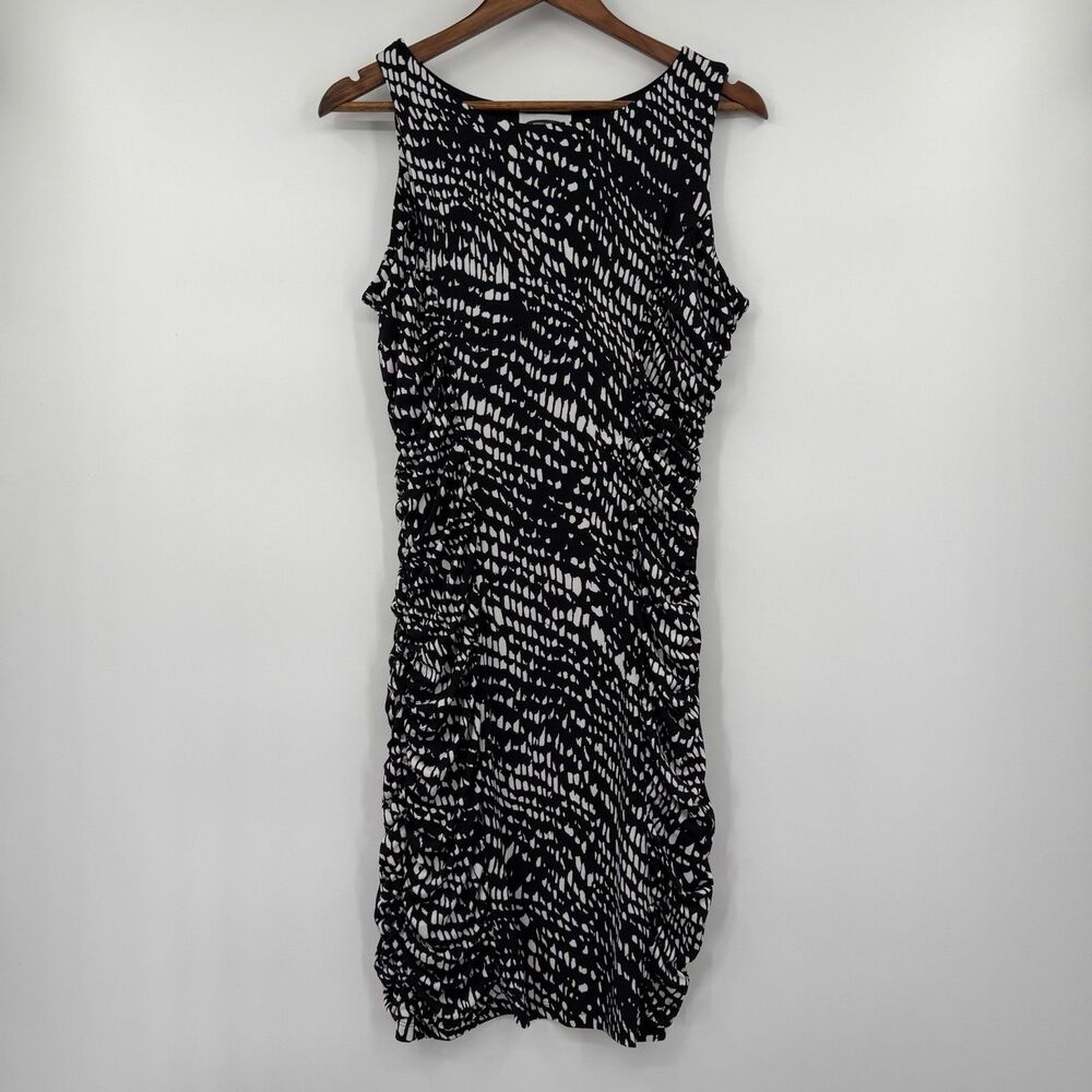 Intermission Womens 14 Midi Dress Black White Ruched Draped Stretch Sleeveless